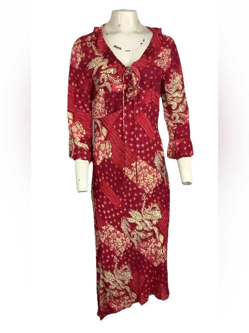 Vintage 90's CDC Sz 12 Floral Print Ruffle Trim Midi Party Wedding Dress Red